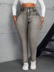 SHEIN SXY Jeans skinny de cintura alta con bolsillos decorados talla grande