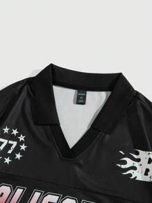 ROMWE MEN Prep Áo thun polo nam cổ chữ V tay ngắn in chữ thường ngày - màu đen - Xem 3