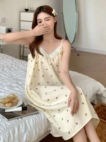 DAZY 女式可爱熊印花全身印花带装饰肩带睡袍睡衣