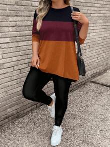 EMERY ROSE 2pcs/Set Plus Size Women Casual Stripe Pattern Long Sleeve T-Shirt And Yoga Pants Suit, Suitable For Autumn/Winter