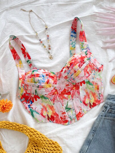 Soleia Canotta corta donna con stampa floreale romantica, orlo asimmetrico, vestibilità slim, stile da vacanza, top estivo e primaverile per donna, top vacanza, corsetto donna, abbigliamento occidentale donna, top uscita donna, top carino, top festival e rave