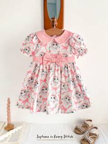 Cozy Pixies Baby Mädchen Kleid mit Cartoon Hase Muster, Puffärmel, Taillenzug