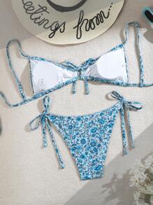 SHEIN Swim 女士春假海滩装，随机印花比基尼套装 - 水鴨藍 - 查看 2