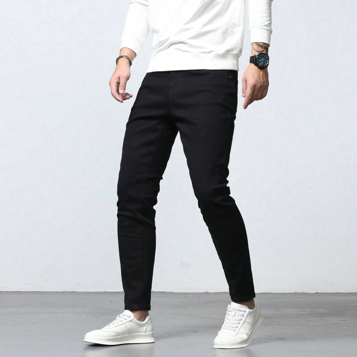 Pantalones vaqueros ajustados y de mezclilla oscura lavada de algodón para hombre, de ajuste delgado, estilo negro liso, adecuado para trabajo, negoc
