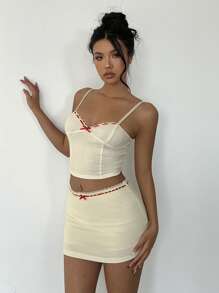 Aloruh Women's Bow Decoration Slim Camisole,Red And White Summer Cute Date Night Cropped Tops,Y2k Elegant Off The Shoulder Valentine's Day - Yellow - View 3