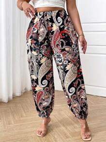 SHEIN LUNE 大码松紧腰口袋休闲裤，日常穿着 - 彩色 - 查看 3