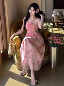 DAZY 女式全花卉印花中长领系带休闲连衣裙太阳裙