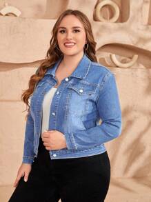 EMERY ROSE Plus Size Women Single-Breasted Casual Denim Jacket, Long Sleeve Elegant Jacket - Medium Wash - View 5