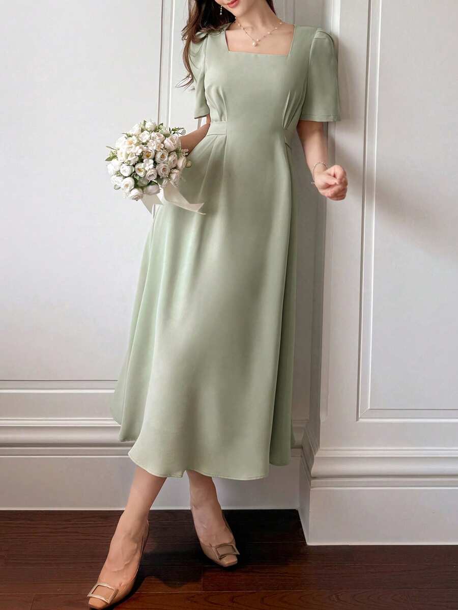 DAZY Vestido elegante de verano de media pantorrilla con cuello cuadrado y mangas cortas para mujer, vestidos formales para mujer en Pascua - Verde - Ver 1