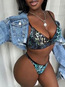 Swim SXY Conjunto de traje de baño para mujer con sujetador estampado de leopardo y bragas de unicolor. Traje de baño y pantalones cortos de natación, para uso casual diario, playa y vacaciones de verano