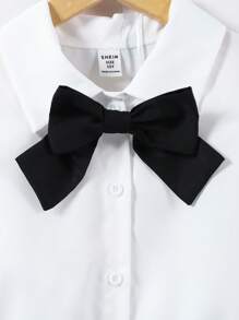 Tween Girl 休闲校园风格 2 件套 - 泡泡袖蝴蝶结衬衫上衣和灰色格子 A 字裙，夏季 - 灰色 - 查看 3