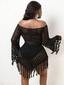 SHEIN Slayr CURVE Vestido capa de punto con hombros descubiertos y flecos de talla grande para el verano