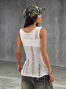 StreetHx Estilo callejero Mujer Primavera Blanco Sin mangas Camiseta ajustada de punto rasgada