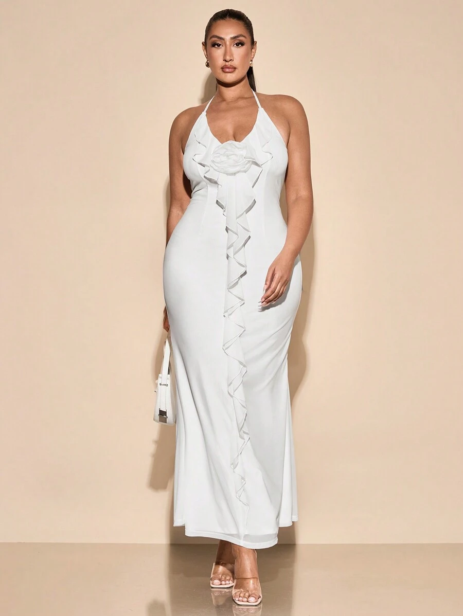 SHEIN BAE Plus Size Women's Elegant Floral 3D Ruffle V-Neck Halter Dress, Bridesmaid Dress