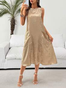 SHEIN LUNE Tunic Women Dresses Sequin Champagne Color Women's Long Dress With Pockets, Metallic Fabric - Champagne - View 3