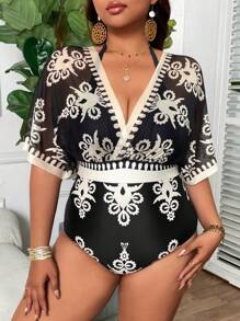 Swim Lushoire Plus Size One-Piece Swimsuit, Multicolor Positioned Floral Print, Elegant & Minimalist, Suitable For Summer Beach Vacation & Resort - Multicolor - View 1