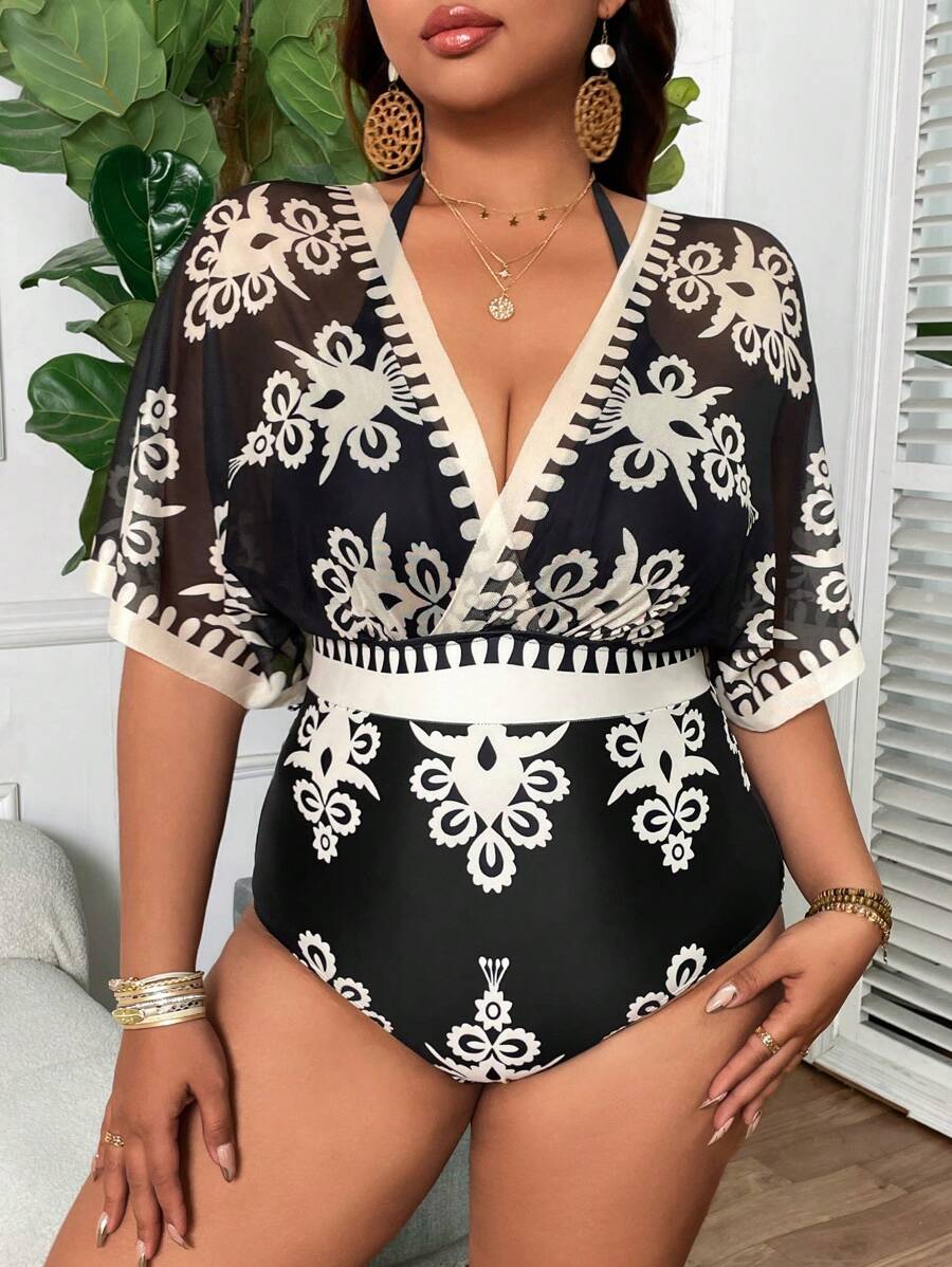 Swim Lushoire Plus Size One-Piece Swimsuit, Multicolor Positioned Floral Print, Elegant & Minimalist, Suitable For Summer Beach Vacation & Resort - Multicolor - View 1