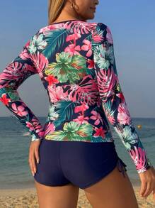 Swim Lushoire Women 2 Pieces Surfing Swimsuit Set Swimsuits And Swimming Trunks, High Stretch Plant Print Random Loose Fit Tankini Top And Shorts Beach Swimwear, For Summer Vacation - Navy Blue - View 2