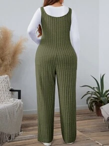 SHEIN LUNE Plus Size Women Solid Color Ribbed Jumpsuit, Autumn Holiday Outfit