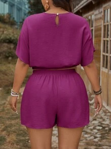 SHEIN LUNE Plus Size Women Solid Color Round Neck Batwing Sleeve Shirt & Shorts 2 Pieces Set Spring Break Summer Outfits Casual Set - Red Violet - View 2