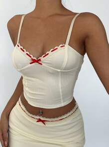 Aloruh Women's Bow Decoration Slim Camisole,Red And White Summer Cute Date Night Cropped Tops,Y2k Elegant Off The Shoulder Valentine's Day - Yellow - View 1