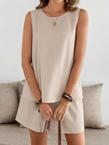 EMERY ROSE 2pcs/Set Women's Solid Color Crew Neck Sleeveless Top And Shorts Set - Khaki - View 5