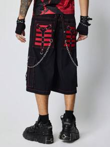 ROMWE MEN Grunge Punk Men's Punk Striped Cargo Pocket Wide Leg 3/4 Jeans Pants - Black - View 3