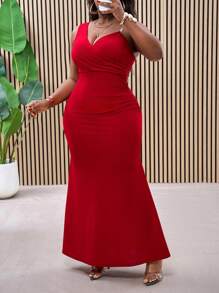 Slaydiva Plus Size Asymmetric Sleeveless Red Elegant Mermaid Hem Maxi Skirt