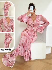 Celure 大码女式优雅高端精致法式及膝碎花修身鱼尾长裙，春季，情人节 - 粉色 - 查看 8