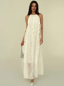 Aloruh New Elegant White Dress With Multiple Ruffled Edges, Sexy Backless Bowknot Design - White - View 4