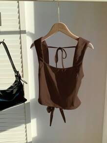 Comfortcana Coffee Brown Knit Backless Tie-Up Cami Top - Coffee Brown - View 4