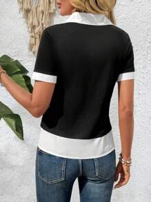 SHEIN LUNE 女士拼色领短袖休闲衬衫 - 灰色 - 查看 2