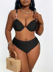 SHEIN Slayr CURVE Plus Size Women 2pcs Bikini Swimwear Set, Solid Color, Push Up Top, High Waisted Tie Strap Bottom, Fashionable And Sexy For Beach Resort, For Summer Vacation - Black - View 5