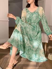 DAZY Tie-Up Lantern Sleeve Floral Printed Mid-Length Dress For Women