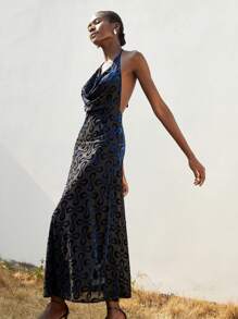 SHEIN Privé Mature High-End Elegant Quality Women Party Luxurious Flocked Collar Waist Backless Bodycon Dress, Valentine's Day - Multicolor - View 6