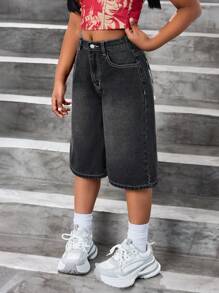 SHEIN Quần Jeans Denim Rộng Rãi Phong Cách Grunge Punk Cho Bé Gái Tuổi Teen Quần Short Dài Có Thiết Kế Thêu Hình Đầu Lâu, Cánh, Dây Leo, Trường Học, Thời Trang Đường Phố - Màu xám đen - Xem 2