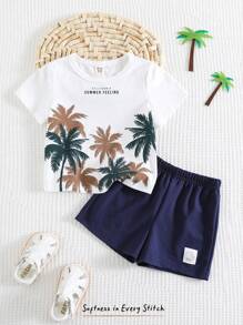Cozy Pixies 2pcs Baby Boy Set: Coconut Tree Print Soft Knit Crew Neck Short Sleeve Pullover Top And Elastic Waist Shorts, Beach Outfit