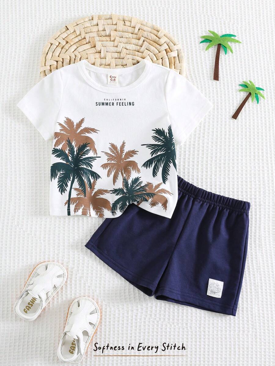 Cozy Pixies 2pcs Baby Boy Set: Coconut Tree Print Soft Knit Crew Neck Short Sleeve Pullover Top And Elastic Waist Shorts, Beach Outfit
