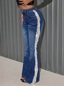 SHEIN SXY Women's Flared Denim Jeans With Tassels, For Going Out And Parties - Blue - View 4