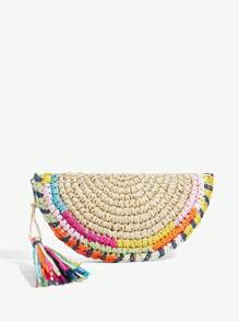 SHEIN SXY Ladies, Women Clutchs, Straw Bag, Colorful Tassels, Fashionable, Elegant, Simple, Personalized, Versatile, For Beach, Vacation, Holiday, Summer, Seaside - Beige - View 3