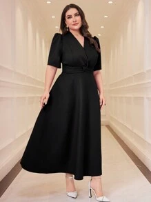 Modelyn 大码女式纯色泡泡袖扭腰优雅连衣裙 - 黑色 - 查看 5