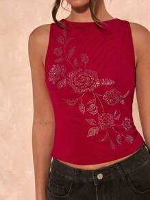 SHEIN BAE Women Summer: Studded Floral Graphic Racerback Tank Top / Graphic Tee / Rave Festival / Streetwear / Beach Wear - Burgundy - View 5