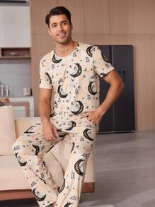 Abstract Moon Print Men's Casual Pajama Set - Apricot - View 7