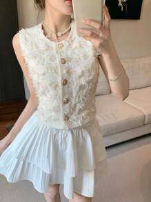 DAZY 1 件女式无袖流苏毛茸茸背心，约会之夜外出上衣 - 米色 - 查看 7