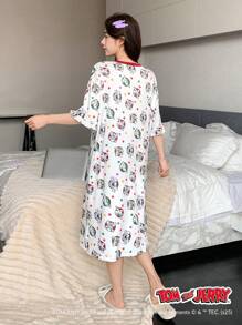 DAZY TOM AND JERRY X DAZY Cartoon Pattern Polka Dot Letter Logo Allover Print Contrast Color Design Ruffle Loose T-Shirt Style Nightgown