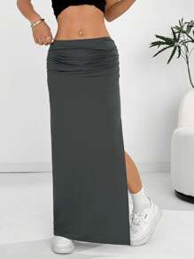 Comfortcana Relaxed Low-Rise Ruched Slit Pencil Skirt, Dark Gray - Grey - View 7