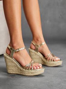 CUCCOO SZL Women's Fashion Gold Thin Strap Ankle Wrap Raffia Rope Platform Wedge Sandals, For Commuting, Dating, Party, Holiday - Gold - View 6