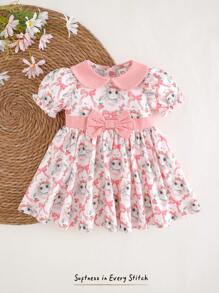 Cozy Pixies Baby Mädchen Kleid mit Cartoon Hase Muster, Puffärmel, Taillenzug