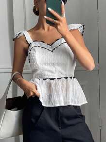 SHEIN Frenchy Women Floral Trim Cap Sleeve & Hem Blouse Summer Casual - Black and White - View 1