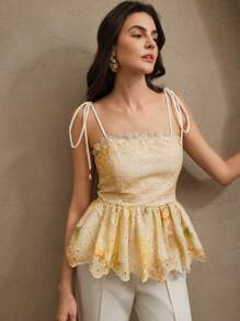 Anewsta Women Floral Embroidery Hollow Out Patched Lace Bowknot Waist Elegant A-Line Backless Tank Top, Suitable For Festivals, Going Out, Vacation, Summer - Apricot - View 6